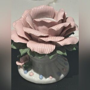 Pair of Bisque Porcelain Pink Rose Candle Holders Capodimonte Style Vintage
